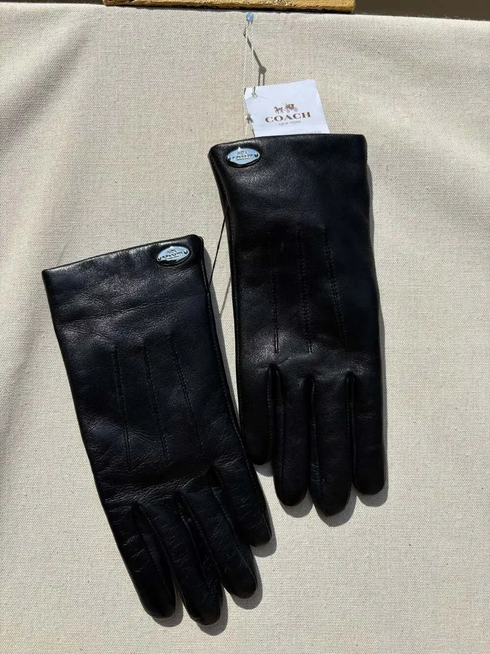 Coach Black Leather Gloves with Gold Accent